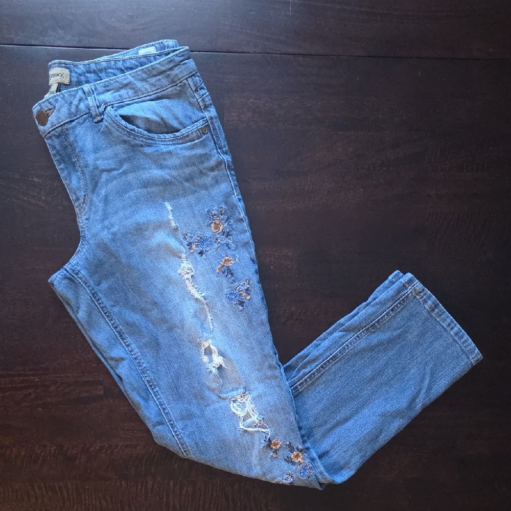 Democracy Flower Embroidered Straight Leg Jeans SZ 12